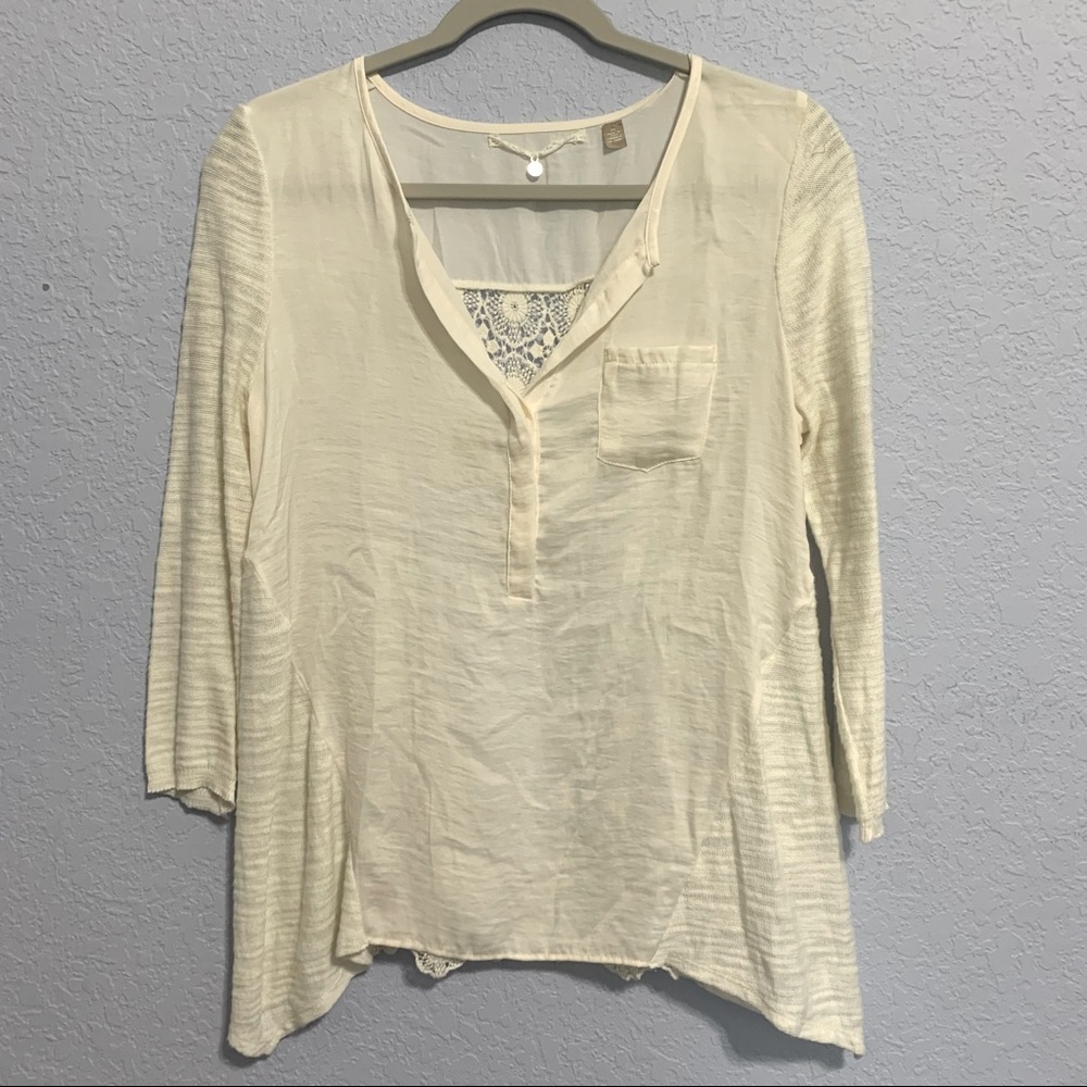 Knitted & Knotted Anthropologie Ivory Crochet Long Sleeve Tee